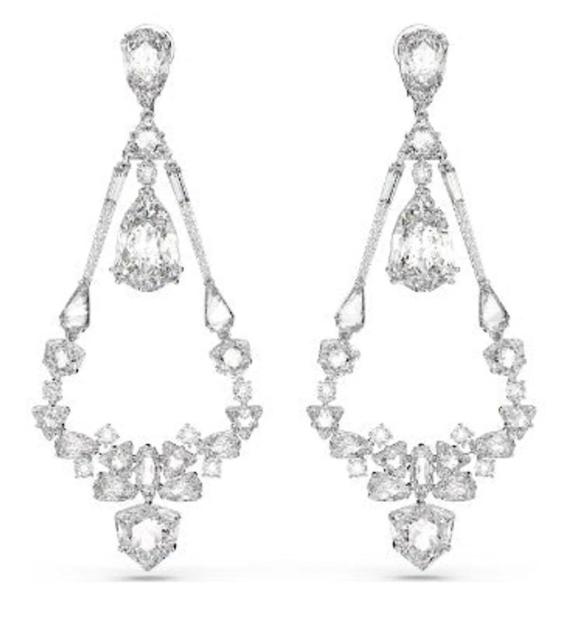 Swarovski Mesmera clip earrings, Mixed cuts, Chandelier, Long, White, Rhodium plated - 5665827 - Discontinued