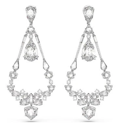Swarovski Mesmera clip earrings, Mixed cuts, Chandelier, Long, White, Rhodium plated - 5665827 - Discontinued