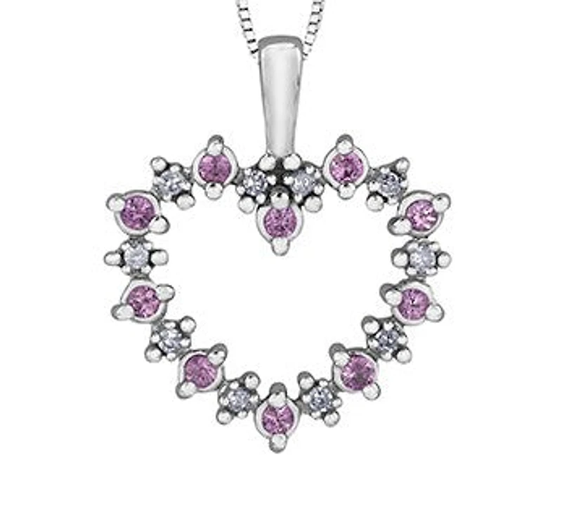 10K White Gold 0.05 cttw Diamond and Pink Sapphire Heart Pendant, 18"