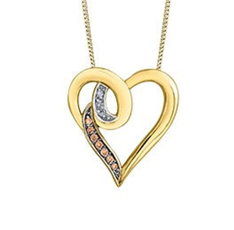 10K Yellow Gold 0.035 cttw Brown Diamond Heart Pendant, 18"