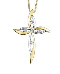 10K White and Yellow Gold 0.08 cttw Diamond Cross Pendant, 18"