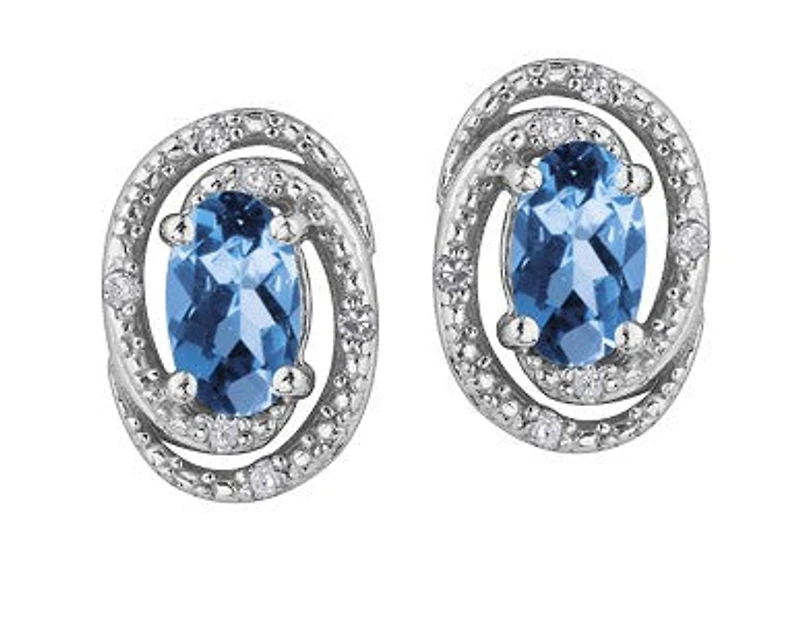 925 Sterling Silver Blue Topaz & Diamond Halo Stud Earrings