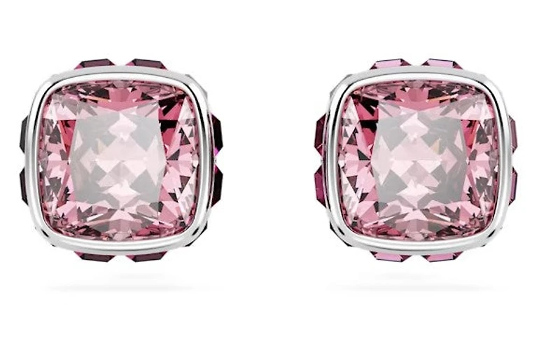 Swarovski Birthstone stud earrings, Square cut, October, Pink, Rhodium plated - 5661960
