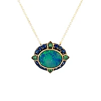 10K Yellow Gold Australian Opal Doublet with Emerald and Sapphire Halo Necklace - 18 Inches