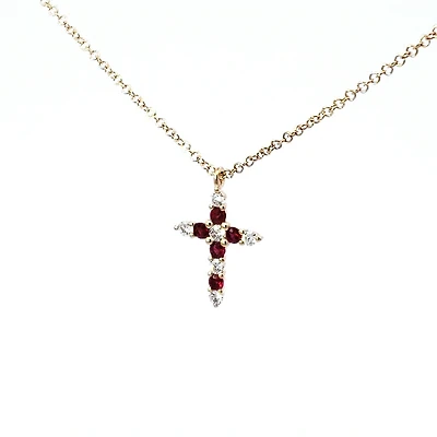 14K Yellow Gold 0.15cttw Ruby and 0.13cttw Diamond Cross Pendant - 18 inches