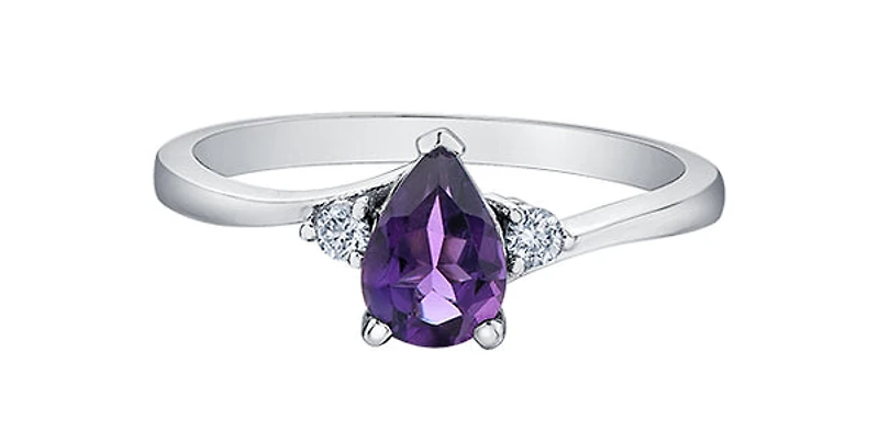 10K White Gold Amethyst and Canadian Diamond Ring, size 6