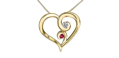 10K Yellow Gold Genuine Ruby and Canadian Diamond Heart Necklace, 18"