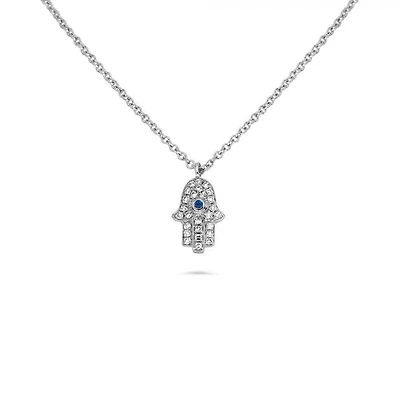 14K White Gold Sapphire and Diamond Evil Eye Hamsa Necklace, 18"