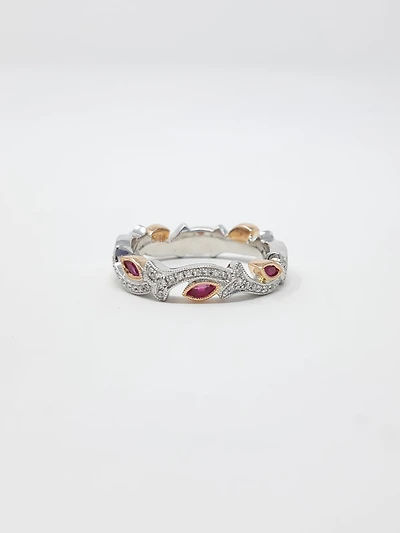 14K Two Tone White and Rose Gold 0.20cttw Ruby and 0.07cttw Diamond Ring