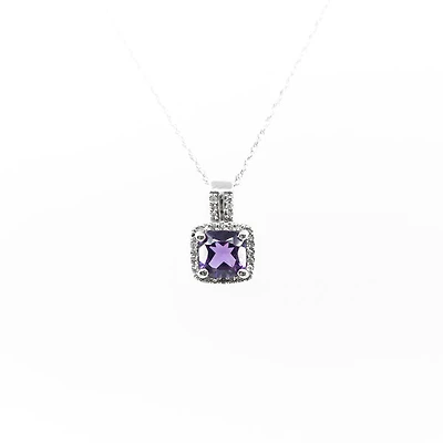 10K White Gold Amethyst and Diamond Pendant, 18"