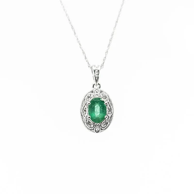 10K White Gold Genuine Emerald & Diamond Pendant