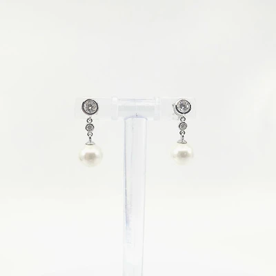 925 Sterling Silver Cubic Zirconia with 8mm Imitation Pearl Dangle Stud