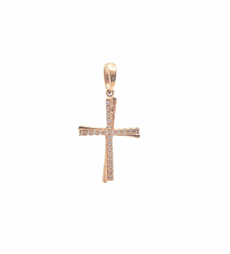 10K Rose Gold Cubic Zirconia Cross - 20mm x 14mm
