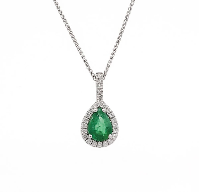 10/14K White Gold 0.70cttw Pear Cut Emerald and 0.11cttw Diamond Pendant, 18"