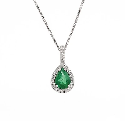 10/14K White Gold 0.70cttw Pear Cut Emerald and 0.11cttw Diamond Pendant, 18"