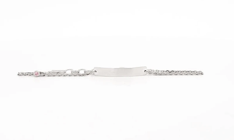 Engraveable 925 Sterling Silver Bar Baby Bracelet with Pink Cubic Zirconia adjustable rolo link 6.5"