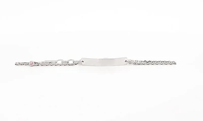Engraveable 925 Sterling Silver Bar Baby Bracelet with Pink Cubic Zirconia adjustable rolo link 6.5"