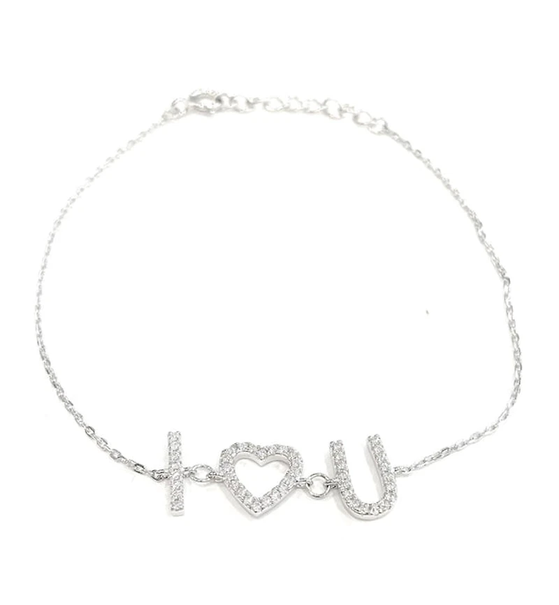 925 Sterling Silver Rhodium Plated Cubic Zirconia Bracelet "I (Heart) You" with Spring Clasp - Adjustable 14-16.5 Inches