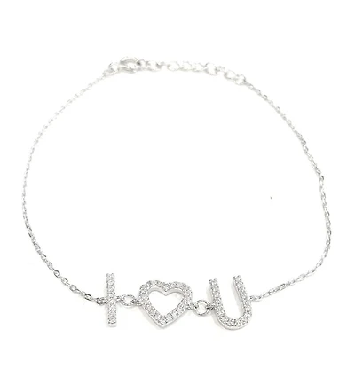 925 Sterling Silver Rhodium Plated Cubic Zirconia Bracelet "I (Heart) You" with Spring Clasp - Adjustable 14-16.5 Inches