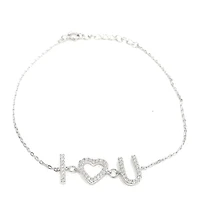 925 Sterling Silver Rhodium Plated Cubic Zirconia Bracelet "I (Heart) You" with Spring Clasp - Adjustable 14-16.5 Inches