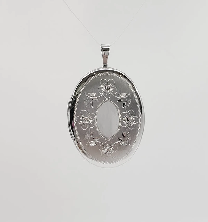 925 Sterling Silver Brushed Floral Etched Oval Locket - 24mm x 26mm
