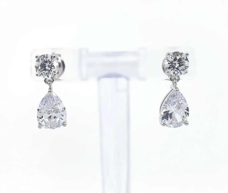 925 Sterling Silver 5.5mm round and 7mm x 10.5mm Tear Drop Cubic Zirconia Drop Earrings - 17.5mm x 7mm