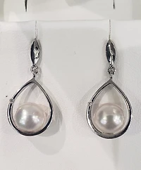 18K White Gold 8.5-9.0mm Cultured Pearl and Diamond Dangle Earrings with Butterfly Backs