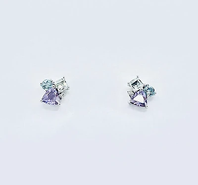 Aquamarine, Amethyst & White Topaz Stud Earrings