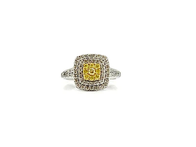 14K White Gold 1.05cttw Fancy Yellow and White Diamond Halo Engagement Ring, size 6