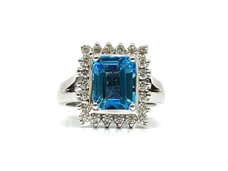 14K White Gold Genuine Blue Topaz and Diamond Ring, size 6.5