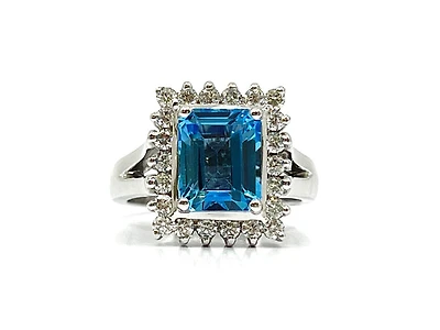14K White Gold Genuine Blue Topaz and Diamond Ring, size 6.5