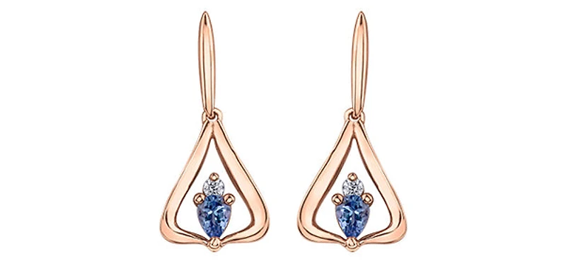 14K Rose Gold 0.32cttw Pear Cut Tanzanite & 0.048cttw Diamond Stud Dangle Drop Earrings