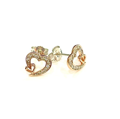10K Rose and White Gold 0.12cttw Diamond Heart Stud Earrings with Butterfly Backs