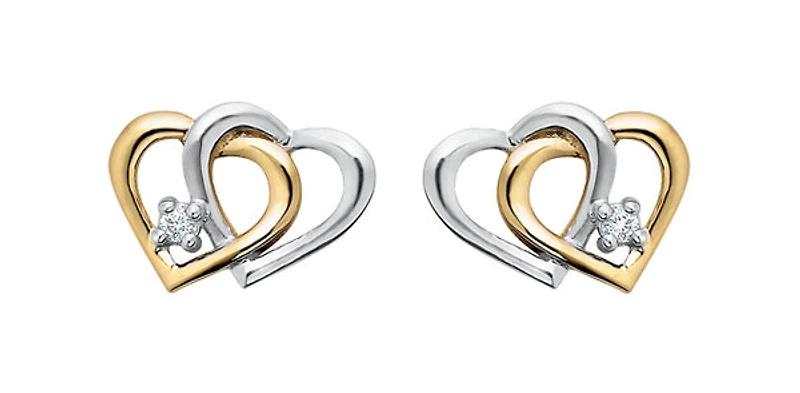 10K Yellow & White Gold Diamond Double Heart Earrings 0.03cttw