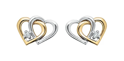 10K Yellow & White Gold Diamond Double Heart Earrings 0.03cttw