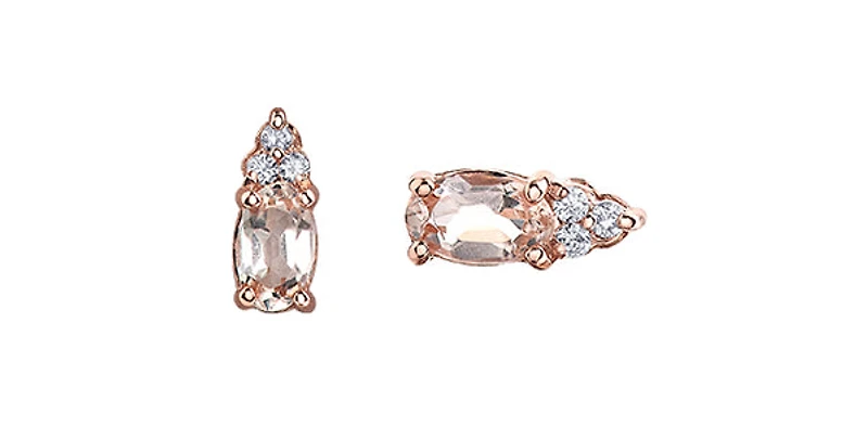 10K Rose Gold 0.50cttw Genuine Oval Cut Morganite & 0.05cttw Diamond Stud Earrings