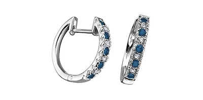 10K White Gold 0.20cttw Genuine Sapphire & 0.04cttw Diamond  Hoop Huggie Hinged Earrings