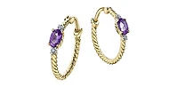 10K Yellow Gold  Amethyst and Diamond Hoop Earrings