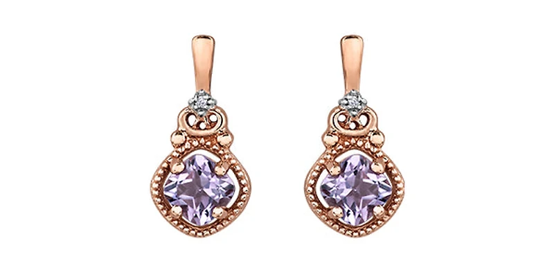 10K Rose Gold Pink Amethyst and Diamond Dangle Earrings