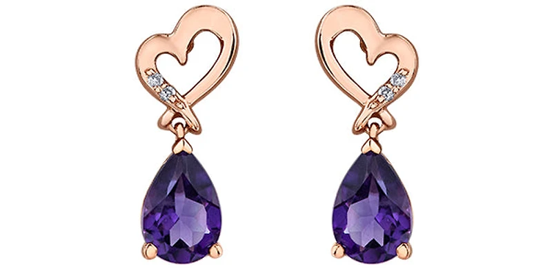 10K Rose Gold Amethyst and Diamond Dangle Earrings