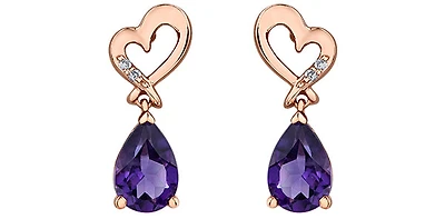 10K Rose Gold Amethyst and Diamond Dangle Earrings