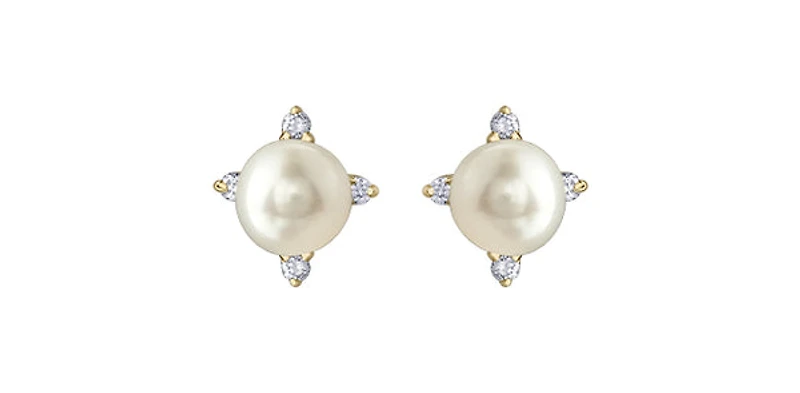 10K Yellow Gold Pearl and Diamond Earrings with Butterfly Backs