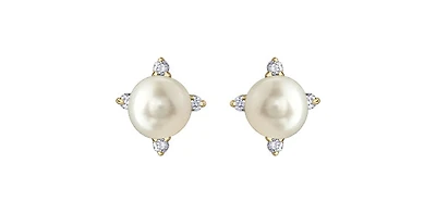 10K Yellow Gold Pearl and Diamond Earrings with Butterfly Backs