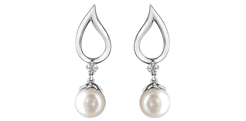 10K White Gold 6.5mm Cultured Pearl and 0.08cttw Canadian Diamond Dangle Earrings