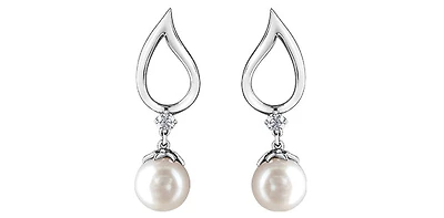 10K White Gold 6.5mm Cultured Pearl and 0.08cttw Canadian Diamond Dangle Earrings