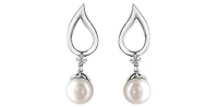 10K White Gold 6.5mm Cultured Pearl and 0.08cttw Canadian Diamond Dangle Earrings