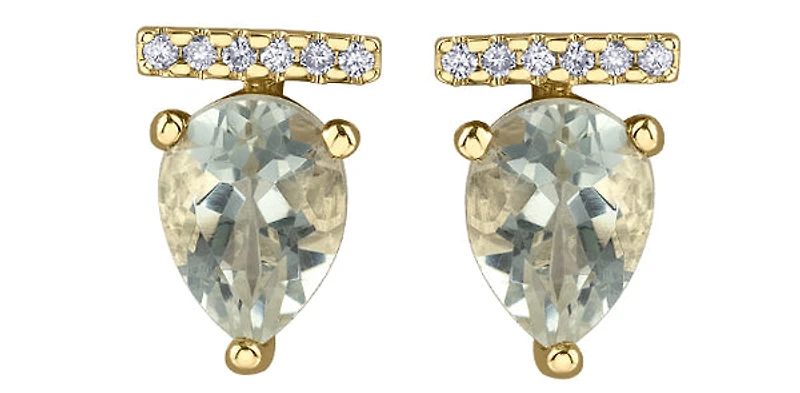 10K Yellow Gold 1.26cttw Green Amethyst (Prasiolite) and 0.048cttw Diamond Stud Earrings