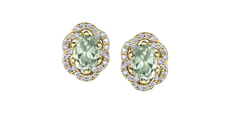 10K Yellow Gold Prasiolite / Green Amethyst and Diamond Earrings