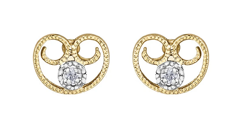 10K Yellow Gold Diamond Filigree Antique Heart Earrings 0.02cttw