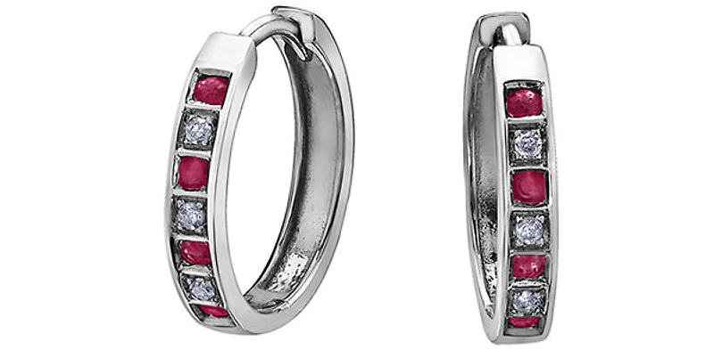 10K White Gold 0.16cttw Genuine Ruby & 0.03cttw Diamond Hoop Huggie Hinged Earrings